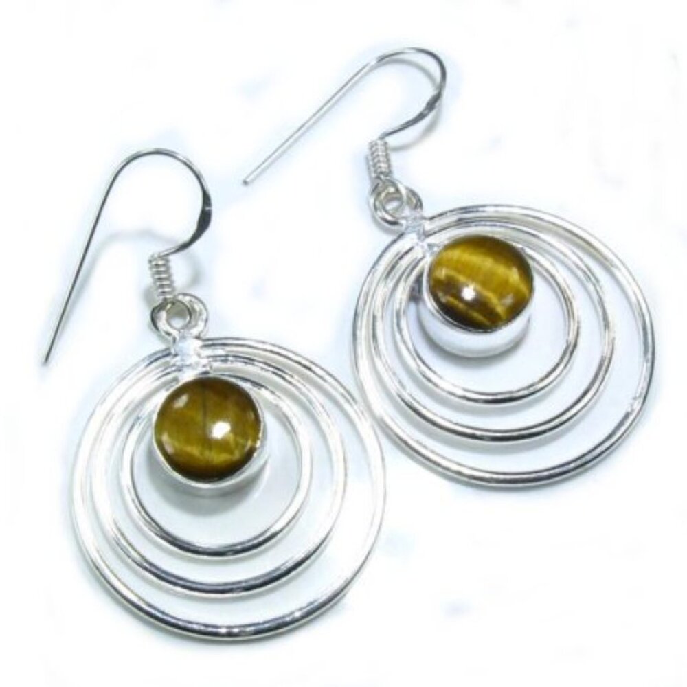 Silver Tiger Eye Stone Multi-Hoop Earrings